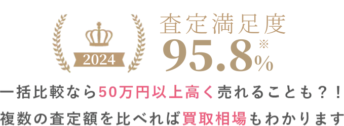 査定満足度95.8% 一括比較なら50万円以上高く売れることも?！複数の査定額を比べれば買い取り相場もわかります。