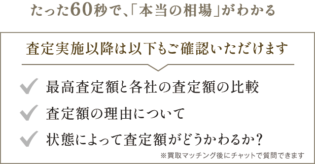最低実施以降は以下もご確認いただけます。・最高査定額と各社の最低額の比較・査定額の理由について・状態によって最低額がどう変わるか？