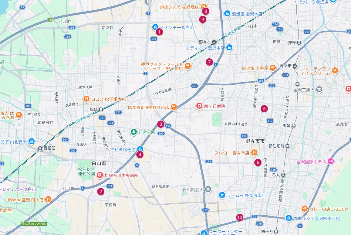 白山市・野々市市Googleマップ画像