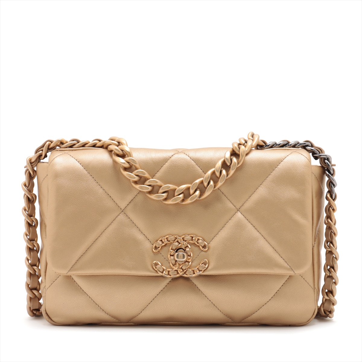 シャネル19 ラムスキン チェーンショルダーバッグ  ゴールド×シルバー金具