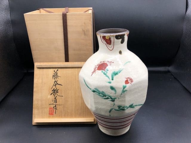 藤本能道作 赤絵面取花壺