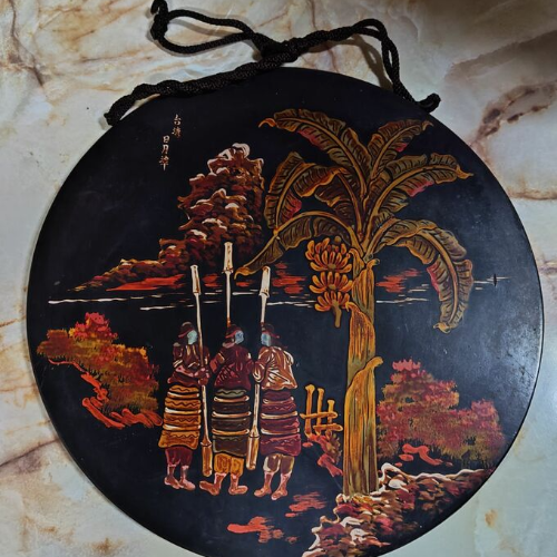 戦前台湾漆器螺鈿細工丸型木製壁掛け　台湾日月潭