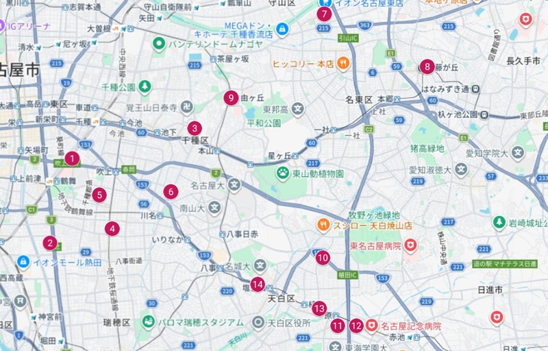 名古屋市東部の地図