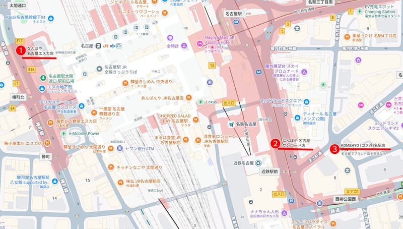 名古屋駅周辺の買取店3店舗の位置を示した地図