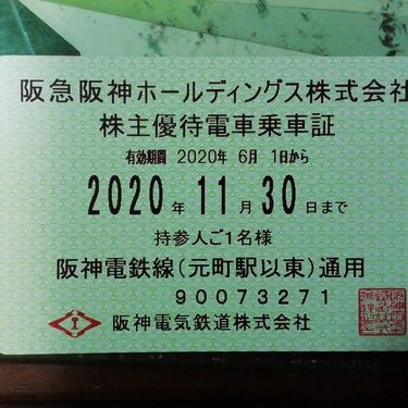 阪急阪神ホールディングス　株主優待乗車証　阪神電鉄線　2020年11月30日まで