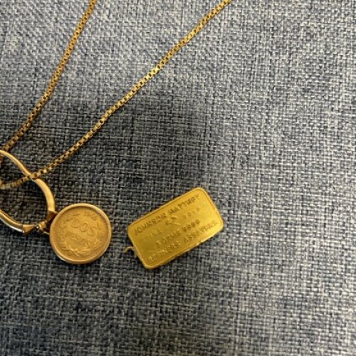 K24ジョンソンマッセイ　K21.6MEXICO2ペソ金貨　18Kチェーン　
