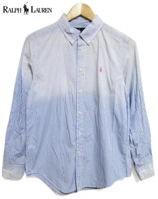 グラデーション加工 ストライプ 長袖 ボタンダウンシャツ 青×白