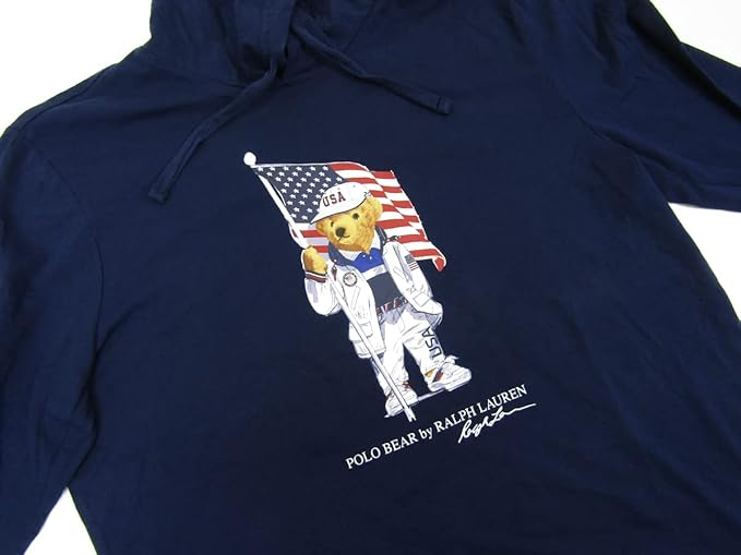 メンズ ロングスリーブ ポロベアー プリント フード付き 長袖 Tシャツ 並行輸入品