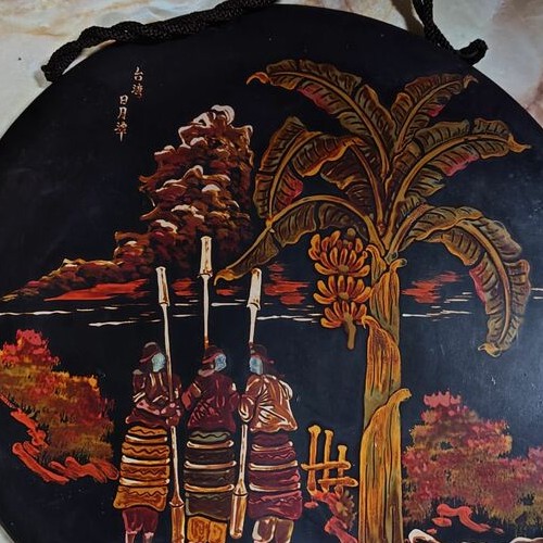 戦前台湾漆器螺鈿細工丸型木製壁掛け　台湾日月潭