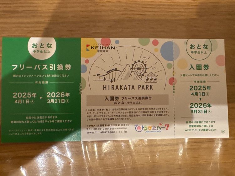 ひらパーチケット 大人2枚 キッズ未就学児1枚
