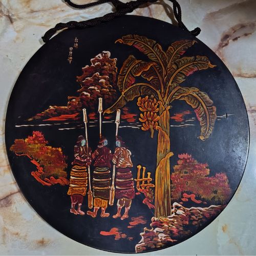 戦前台湾漆器螺鈿細工丸型木製壁掛け 台湾日月潭