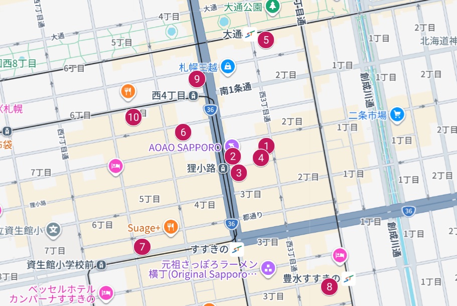 大通・すすきの駅周辺Googleマップ画像
