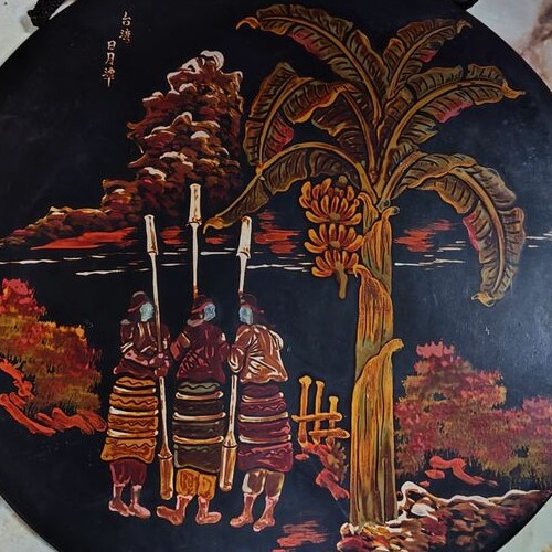 戦前台湾漆器螺鈿細工丸型木製壁掛け　台湾日月潭