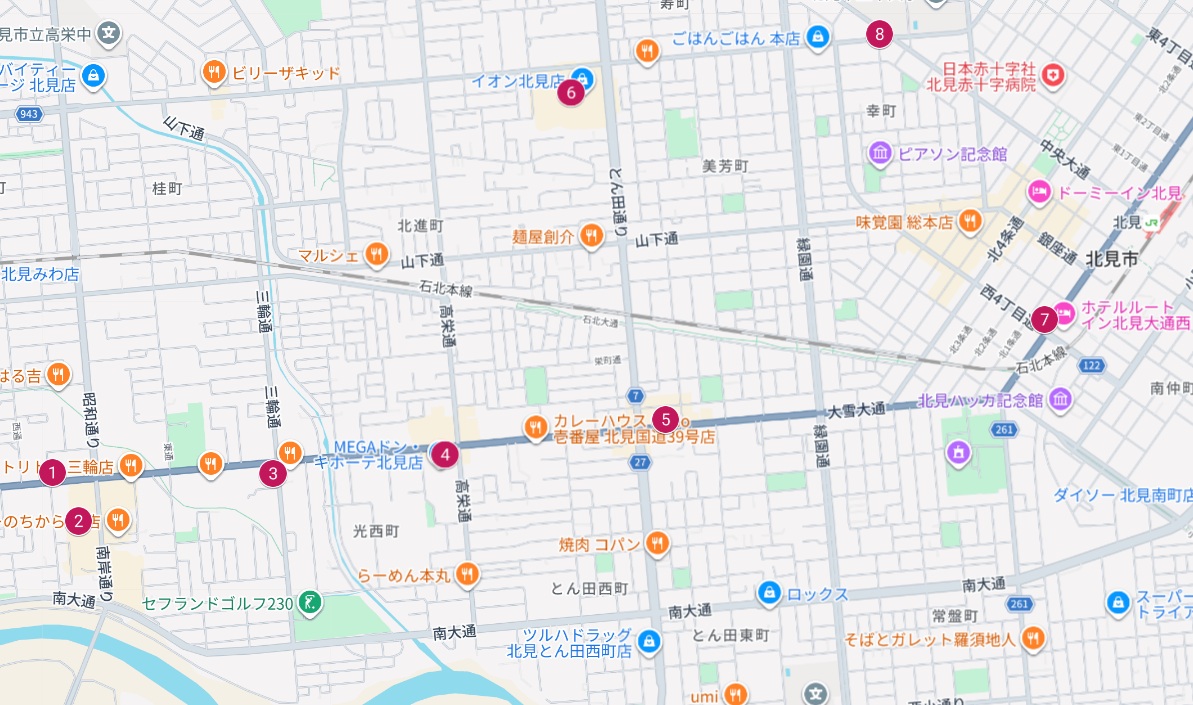 北見市周辺のGoogleマップ