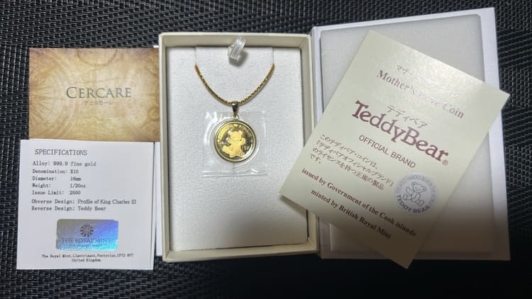 テディベアコインペンダントトップ、ジュエリーツツミ18Kネックレス