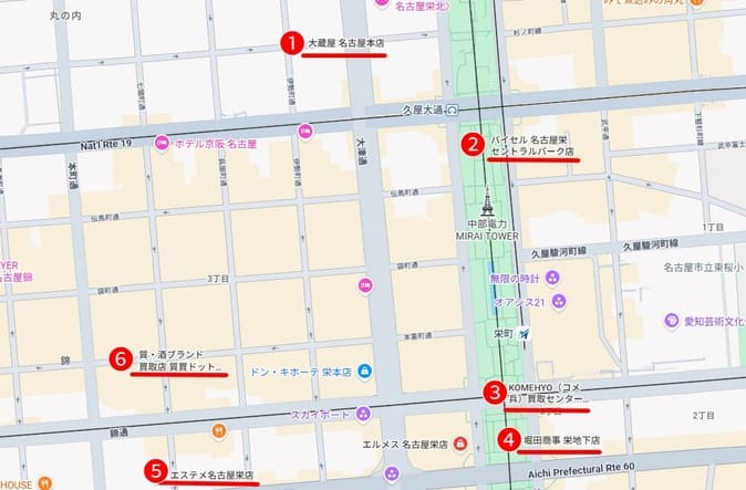 栄・久屋大通周辺の買取店6店舗の位置を示した地図