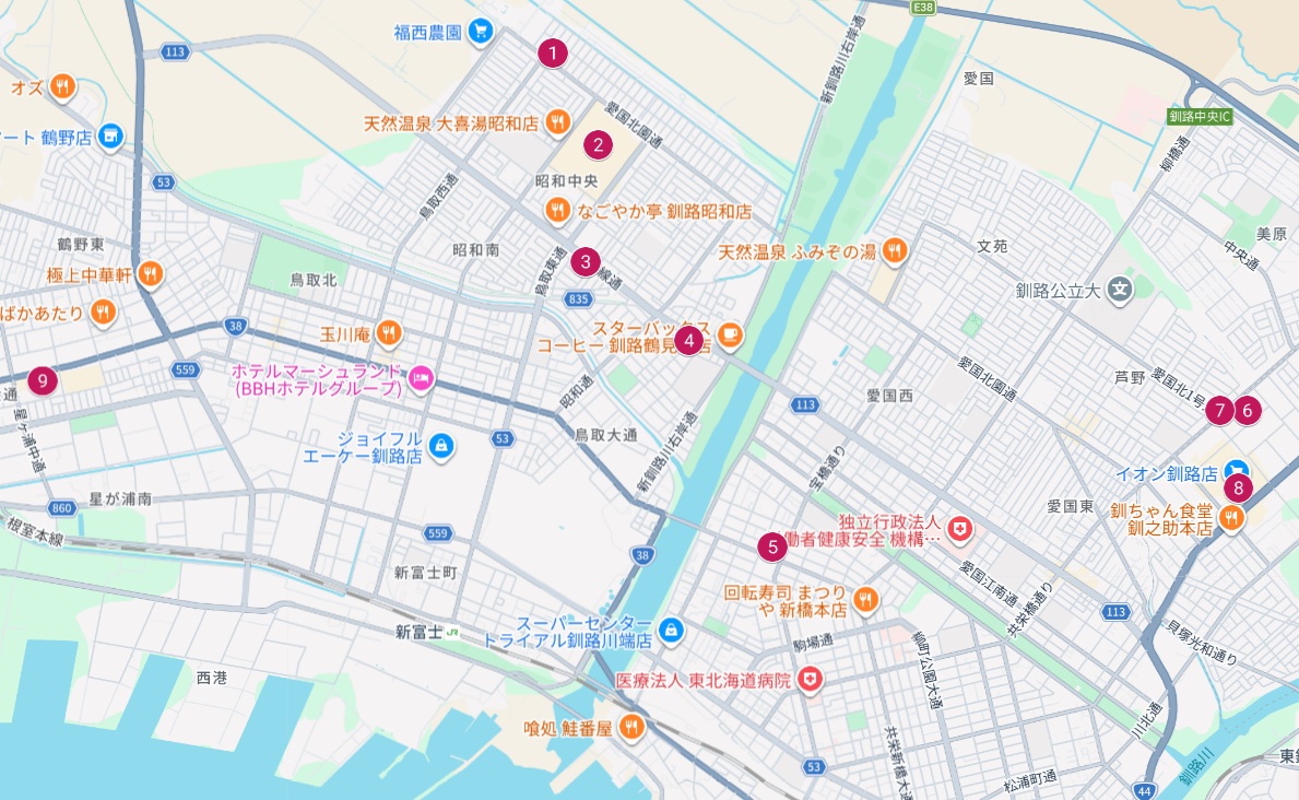 釧路市周辺のGoogleマップ