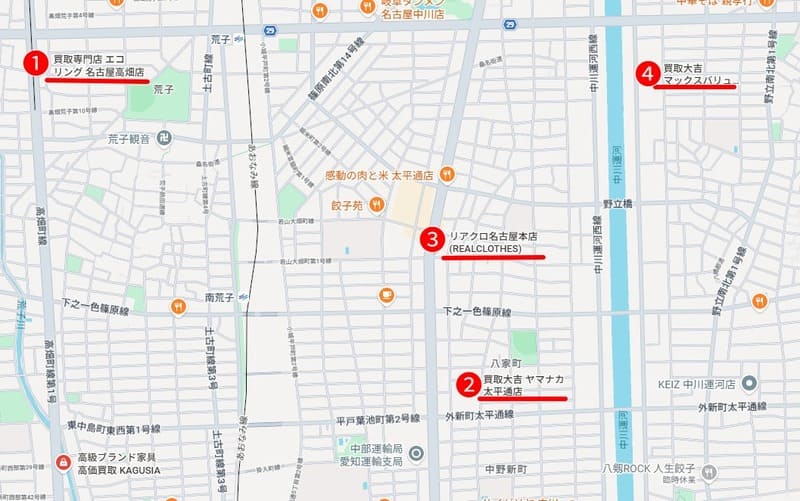中川区周辺の買取店4店舗の位置を示した地図