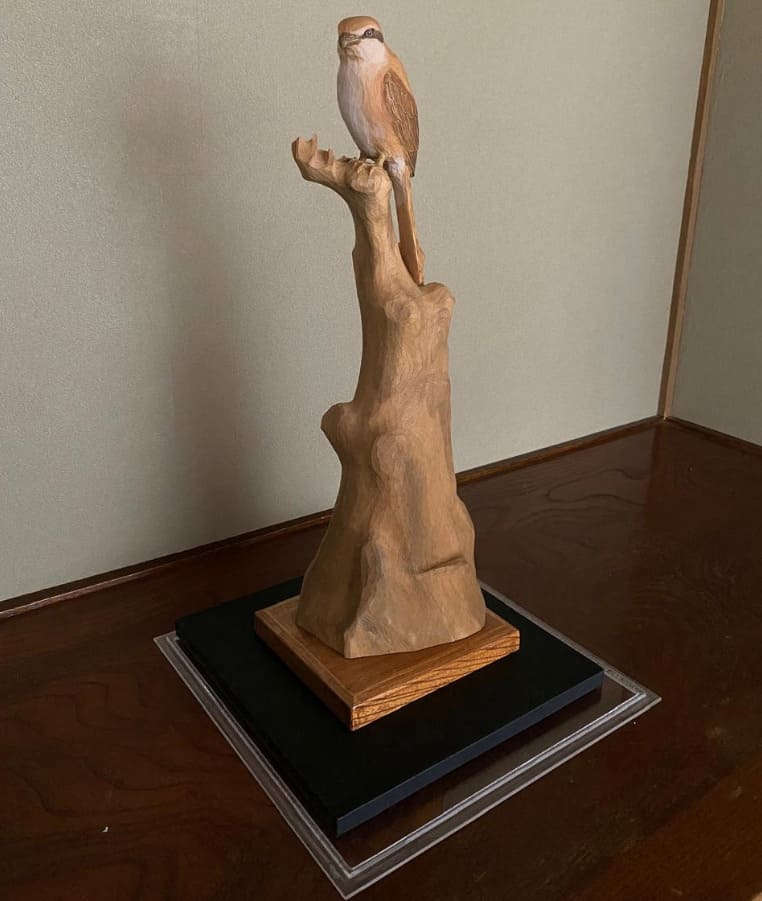 島田恭宏 作 木彫「百舌（もず）」 木彫彫刻 鳥 美術品 置物