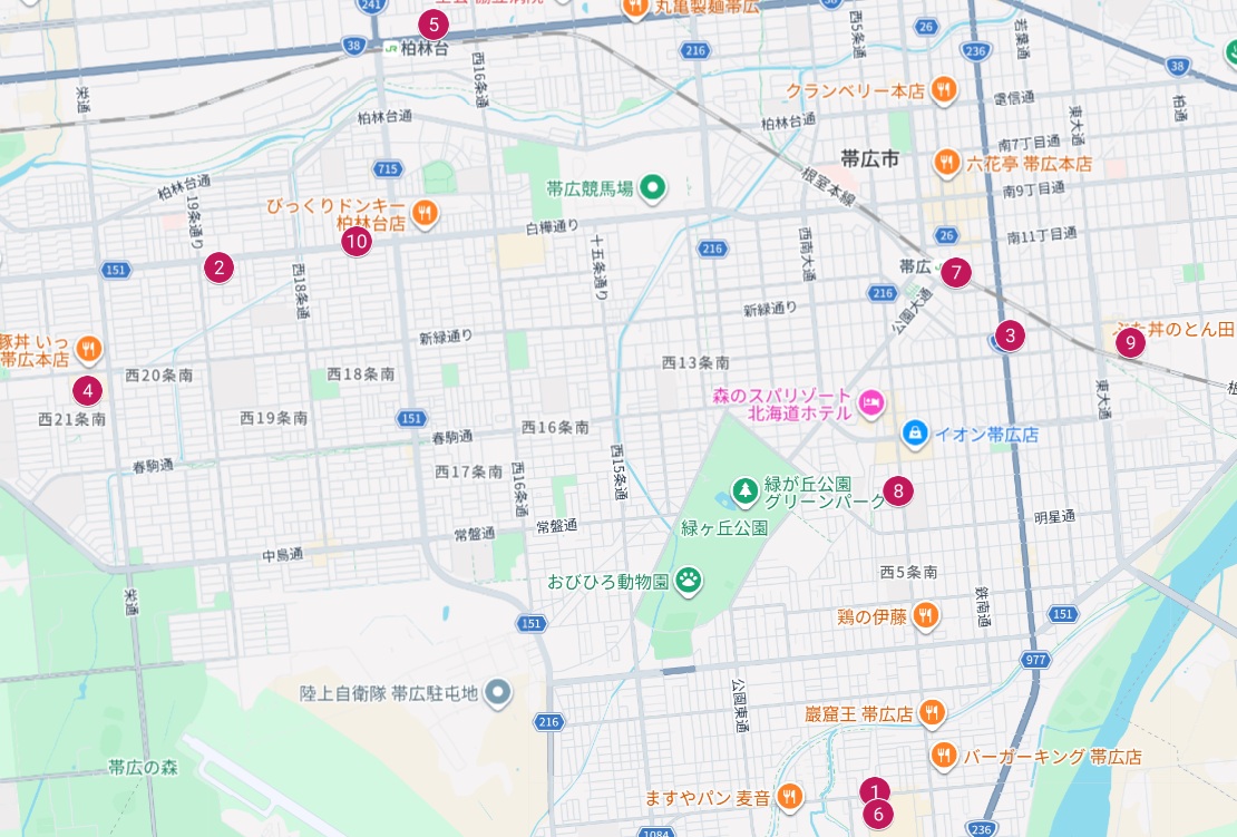 帯広市周辺のGoogleマップ