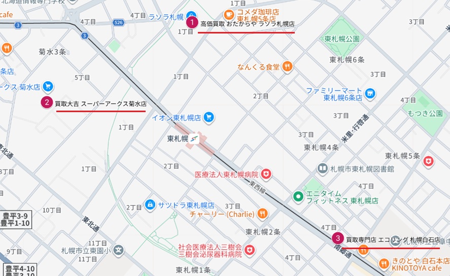 東札幌駅(JR東西線)周辺のGoogleマップ