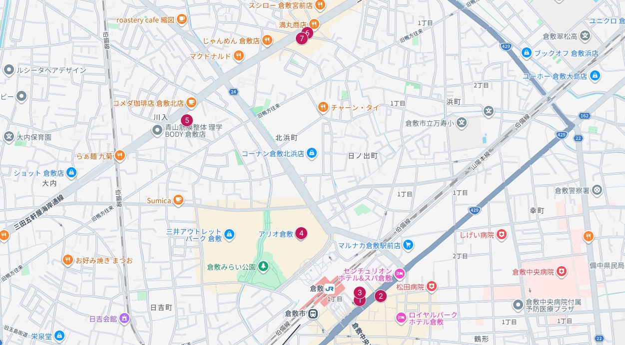 倉敷駅周辺Googleマップ画像