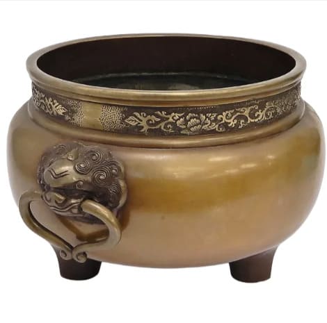 釜師 加藤忠三郎 宣徳銅牡丹火鉢 共箱 獅子 植物柄 火櫃 火桶 銅器 京都 茶道具