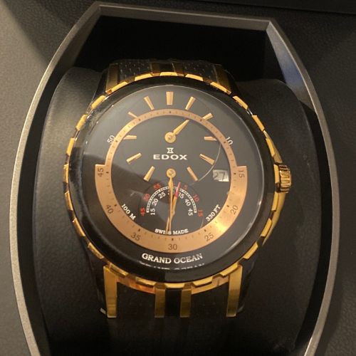 その他 その他 EDOX エドックス グランドオーシャンレギュレーター 77002 デイト 100m防水 裏スケ 黒 ブラック PG ピンクゴールド 純正ラバーベルト 純正尾錠 メンズ 自動巻き