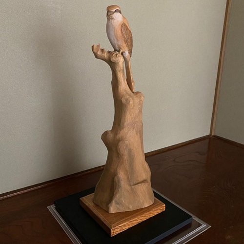 島田恭宏 作 木彫「百舌（もず）」 木彫彫刻 鳥 美術品 置物