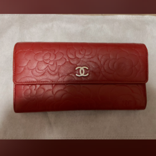 CHANEL シャネル カメリア ラムスキン ラウンドファスナー レッド 長財布
