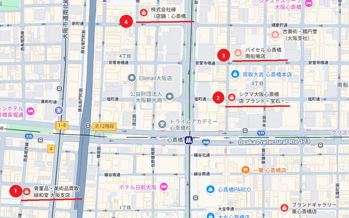 心斎橋駅周辺おすすめ骨董品買取店map