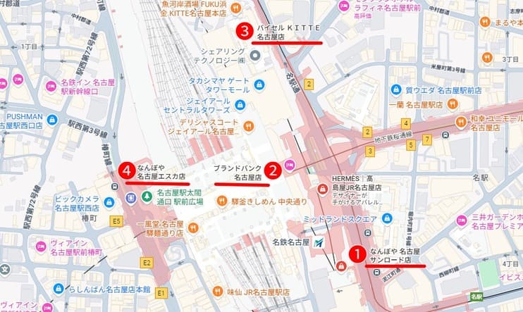 名古屋駅周辺の買取店4店舗の位置を示した地図
