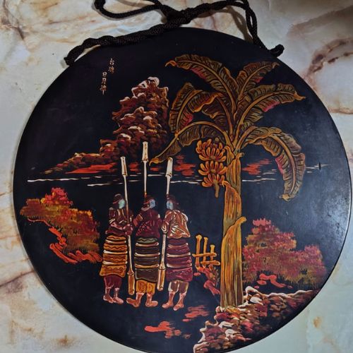 戦前台湾漆器螺鈿細工丸型木製壁掛け　台湾日月潭