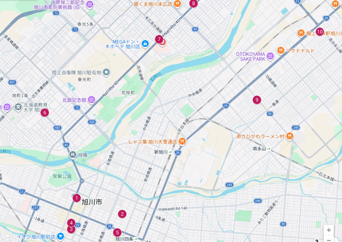 旭川市周辺のGoogleマップ