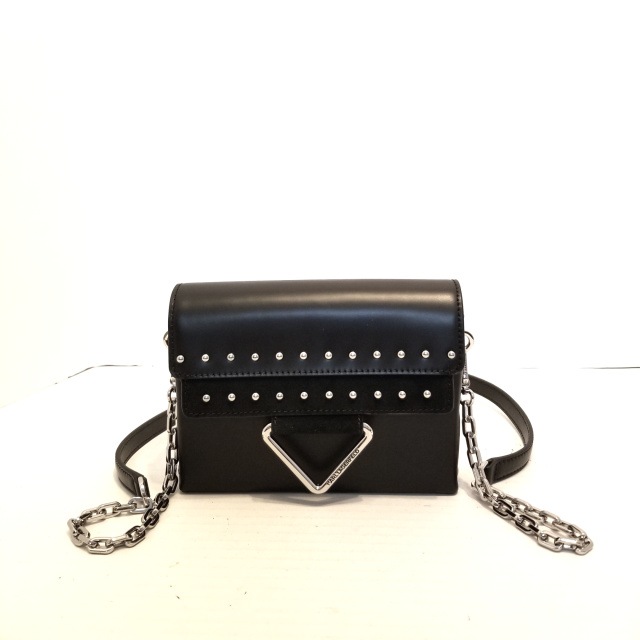 ショルダーバッグ 黒×シルバー レザー×金属素材×スエード