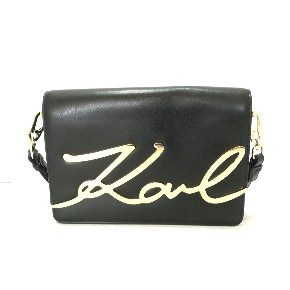 ショルダーバッグ 黒×ゴールド レザー×金属