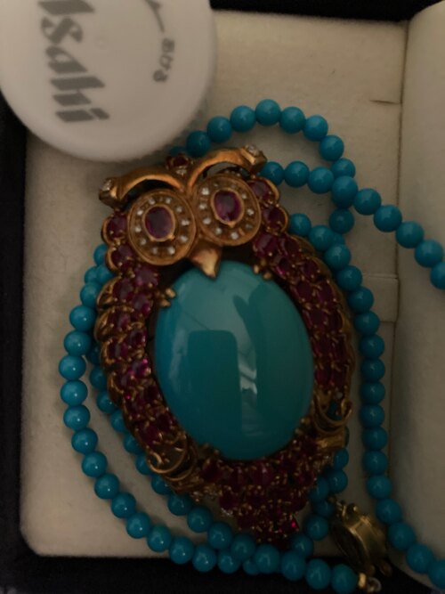 イタリー製ターコイズとルビーのブローチ梟