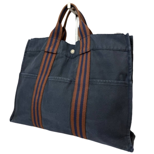 良品 HERMES 3275 トートバッグ フールトゥ MM ネイビー ブラウン