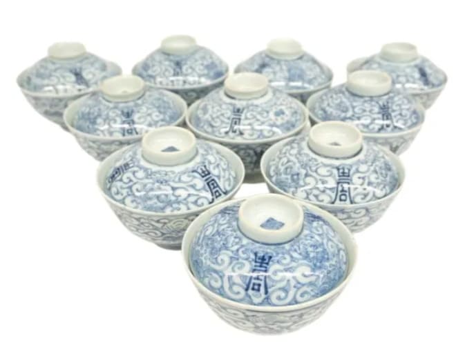 中国陶器 染付蓋付き鉢 10点セット